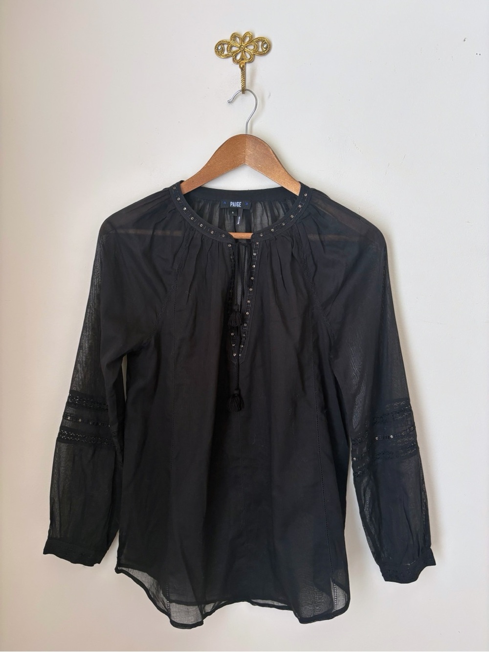 Paige Ava Black Cotton Sequin Long Sleeve Blouse Small